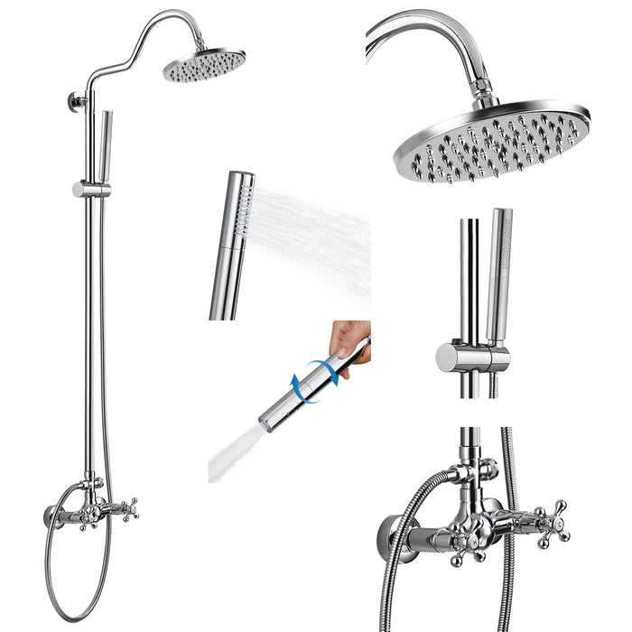 Gotonovo wandmontage zichtbare badkamerkraan 8 inch top douchekop dubbele kruisgrepen met 2 in 1 cilindrische handsproeier doucheset met dubbele functie