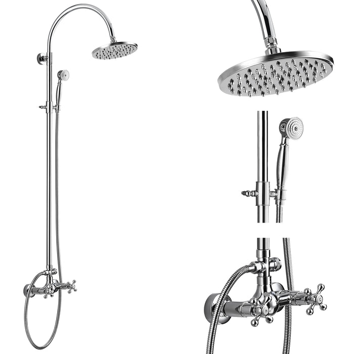 Gotonovo 8 inch Rainfall Shower Head Exposed Shower Faucet Wall Mounted with Double Cross Handles and Handheld Sprayer Dual Function Shower System
