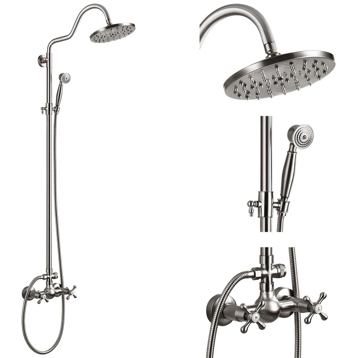 gotonovo Brushed Nickel Wall Mount Rain Shower System Set 2 Function Adjustable Handheld Sprayer 8 Inch Round Rainfall Shower Head With 2 Double Knobs Cross Handle