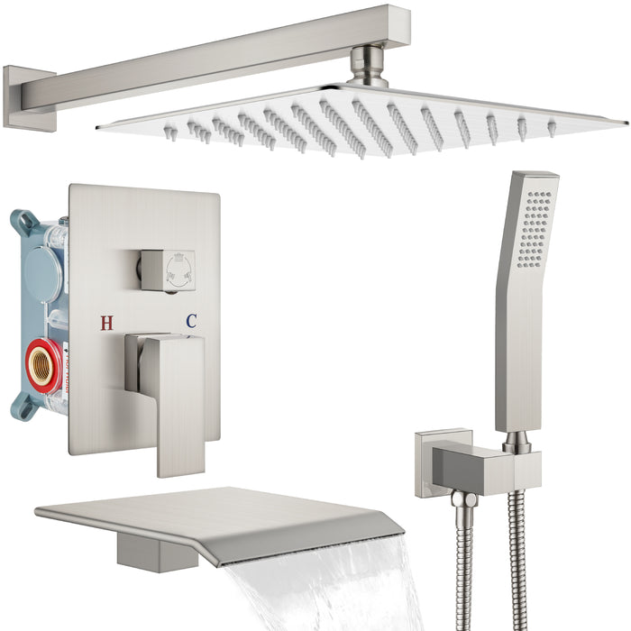 Gotonovo Rain Shower Combo Set with Waterfall Tub Spout, Square Rainfall Shower Head with Handheld Spray Pressure Balance Rough-in Valve and Trim Included