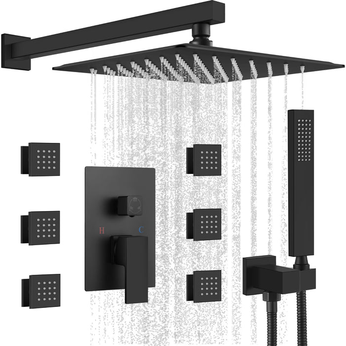 Gotonovo Rain Shower Combo Set Wall Mount Square Rainfall Shower Head with Body Spray Jets and Brass Handshower Pressure Balance Rough-in Valve and Trim Included