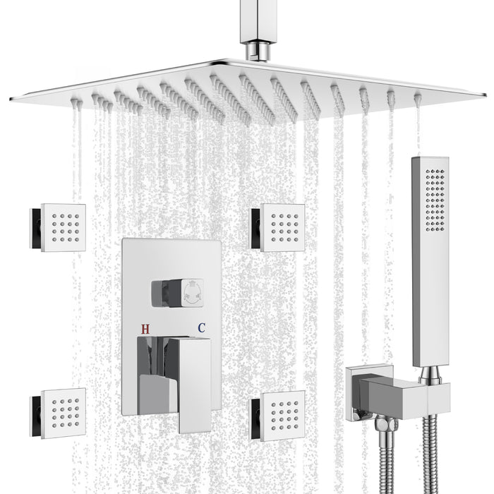 Gotonovo Rain Shower Combo Set Ceiling Mounted Square Rainfall Shower Head with Body Spray Jets and Brass Handshower Pressure Balance Rough-in Valve and Trim Included