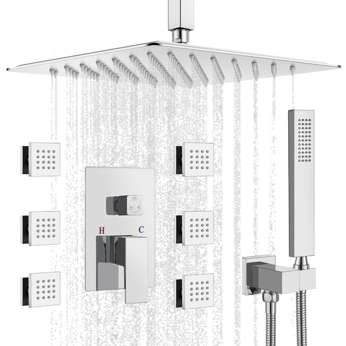 Gotonovo Rain Shower Combo Set Ceiling Mounted Square Rainfall Shower Head with Body Spray Jets and Brass Handshower Pressure Balance Rough-in Valve and Trim Included