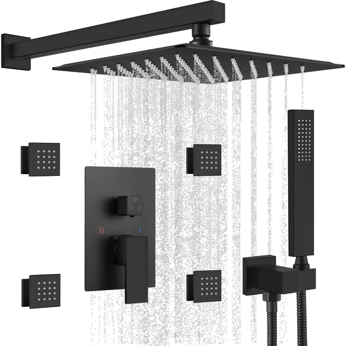Gotonovo Rain Shower Combo Set Wall Mount Square Rainfall Shower Head with Body Spray Jets and Brass Handshower Pressure Balance Rough-in Valve and Trim Included