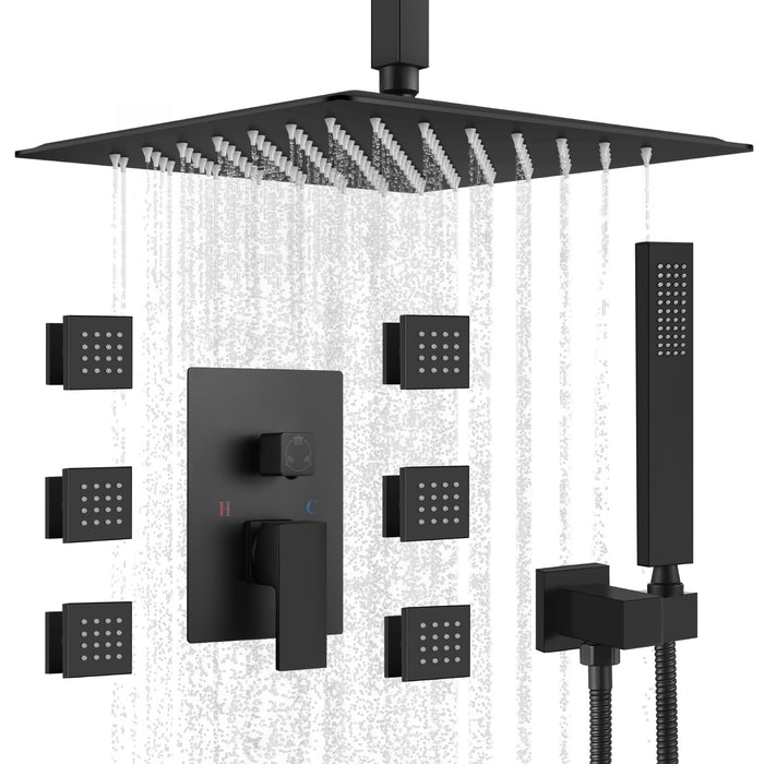 Gotonovo Rain Shower Combo Set Ceiling Mounted Square Rainfall Shower Head with Body Spray Jets and Brass Handshower Pressure Balance Rough-in Valve and Trim Included