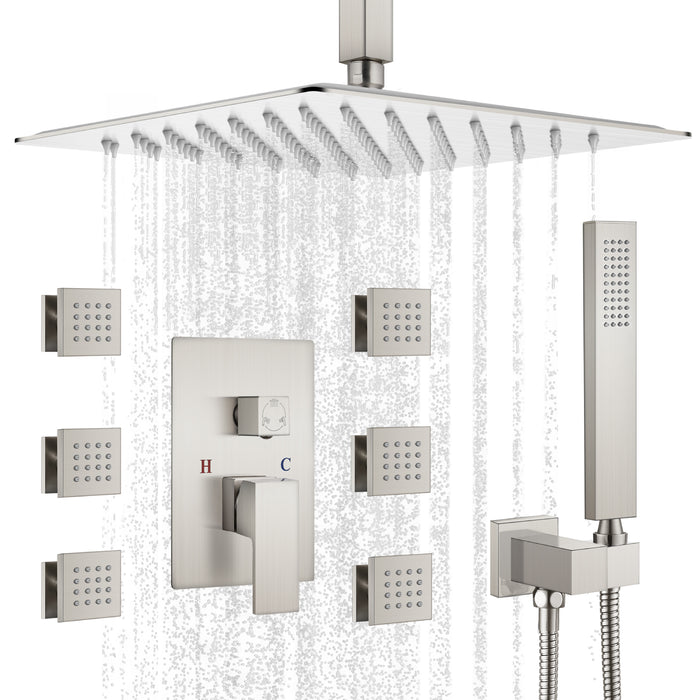 Gotonovo Rain Shower Combo Set Ceiling Mounted Square Rainfall Shower Head with Body Spray Jets and Brass Handshower Pressure Balance Rough-in Valve and Trim Included