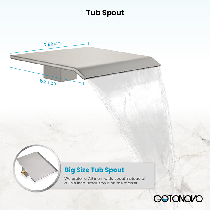 Gotonovo Rain Shower Combo Set with Waterfall Tub Spout, Square Rainfall Shower Head with Handheld Spray Pressure Balance Rough-in Valve and Trim Included