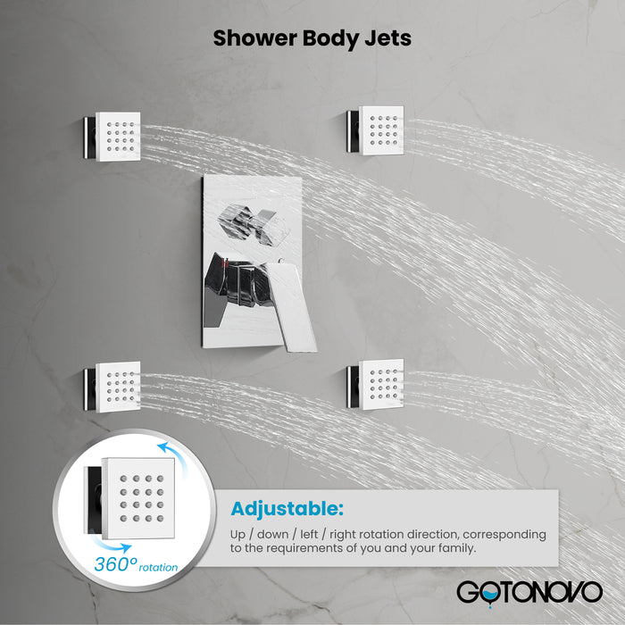 Gotonovo Rain Shower Combo Set Ceiling Mounted Square Rainfall Shower Head with Body Spray Jets and Brass Handshower Pressure Balance Rough-in Valve and Trim Included