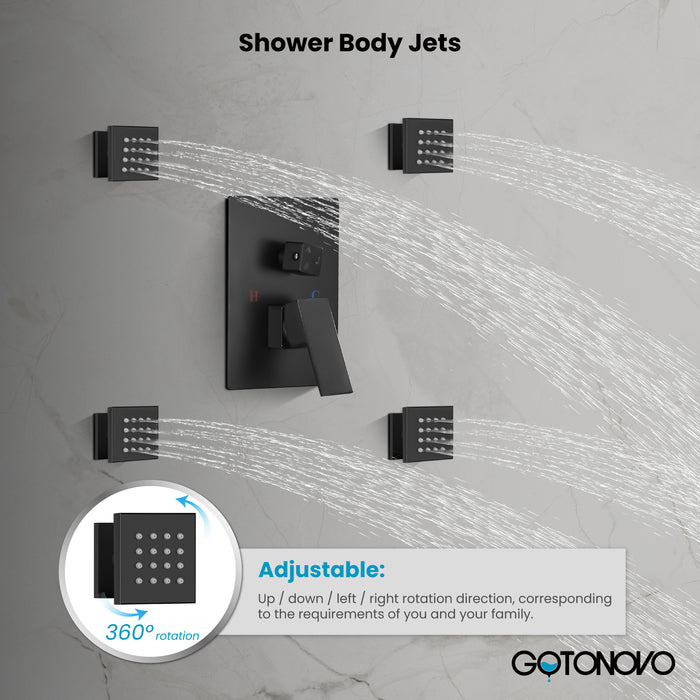 Gotonovo Rain Shower Combo Set Ceiling Mounted Square Rainfall Shower Head with Body Spray Jets and Brass Handshower Pressure Balance Rough-in Valve and Trim Included