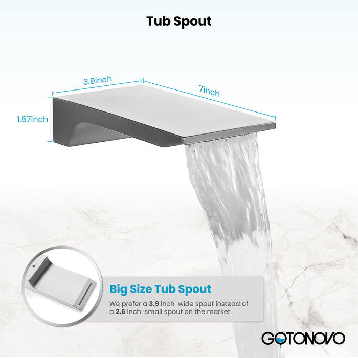 Gotonovo Rain Shower Combo Set with Waterfall Tub Spout Square Rainfall Shower Head with Handheld Spray Pressure Balance Rough-in Valve and Trim Included