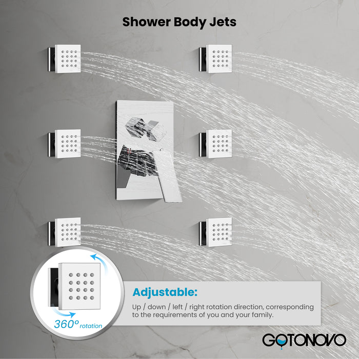 Gotonovo Rain Shower Combo Set Ceiling Mounted Square Rainfall Shower Head with Body Spray Jets and Brass Handshower Pressure Balance Rough-in Valve and Trim Included