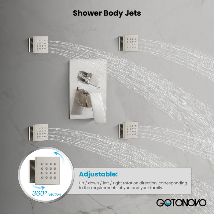 Gotonovo Rain Shower Combo Set Ceiling Mounted Square Rainfall Shower Head with Body Spray Jets and Brass Handshower Pressure Balance Rough-in Valve and Trim Included