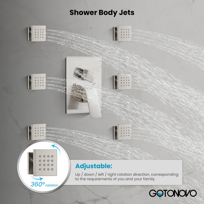 Gotonovo Rain Shower Combo Set Ceiling Mounted Square Rainfall Shower Head with Body Spray Jets and Brass Handshower Pressure Balance Rough-in Valve and Trim Included