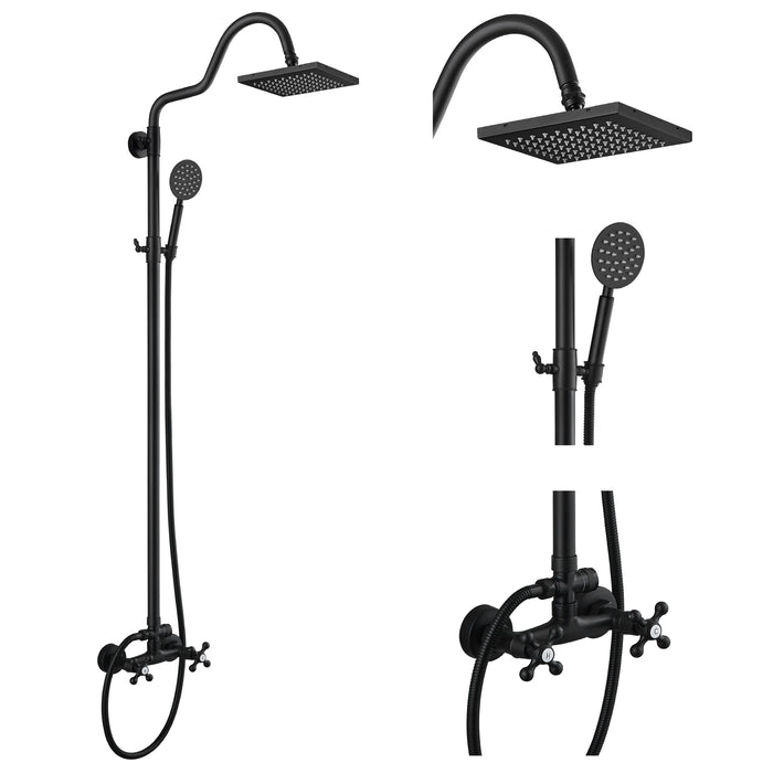 gotonovo 2 Function Shower Set with 8 inch Matte Black Thickened Square ABS Shower Head Exposed Plumbing Mixer Shower Faucet 2 Cross Adjustable Handles and Retro Round Shower Hand Spray