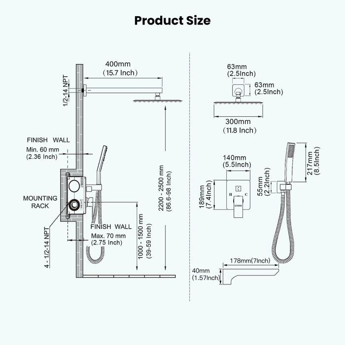 Gotonovo Rain Shower Combo Set with Waterfall Tub Spout Square Rainfall Shower Head with Handheld Spray Pressure Balance Rough-in Valve and Trim Included