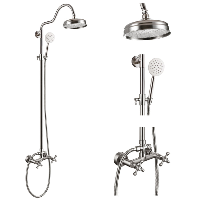 Gotonovo Doucheunit 8 inch ronde regendouchekop zichtbaar met SUS 304 handsproeier Dubbele kruisknopmengkraan Badkamer dubbele functie douchecombinatieset Wandmontage