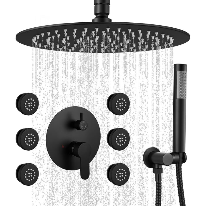 Gotonovo Rain Shower Combo Set Ceiling Mounted Matte Black 12-inch Round Rain Shower Head with Body Spray Jets and Brass Handheld Shower Pressure Balance Rough-in Valve and Trim Included