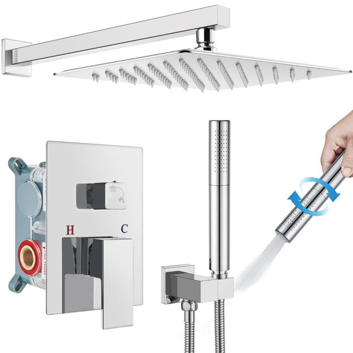 Gotonovo Rainfall Shower System Wall Mount Square Showerhead Shower Trim Kit 2 in 1 Cylindrical Handheld shower with Rough-in Valve