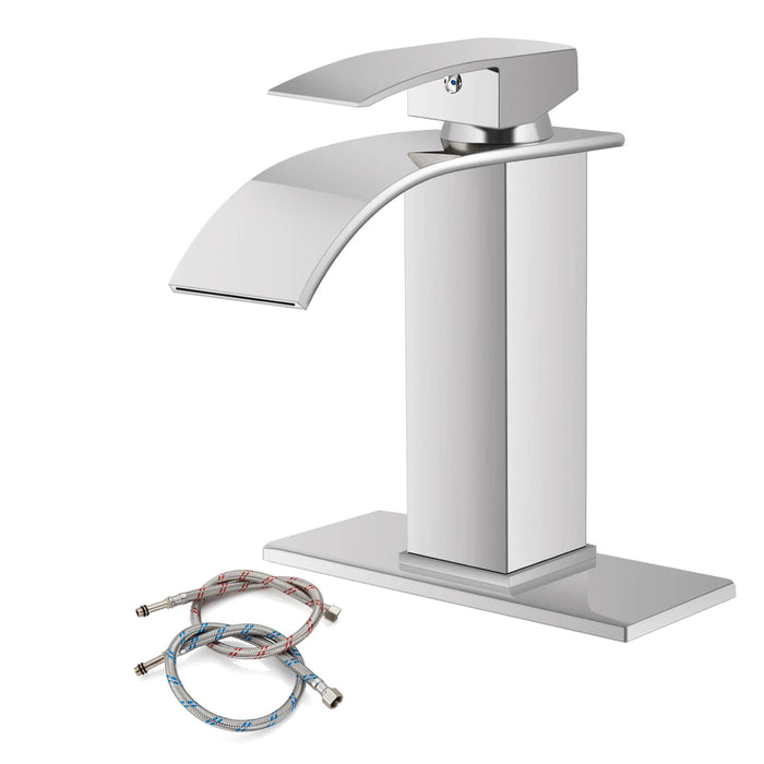 gotonovo Waterfall Bathroom Sink Faucet Deck Mount 304 Stainless Steel 1 Hole Single Handle Hot and Cold Mixer Tap(2 styles-without Pop Up Drain & with Pop Up Drain)