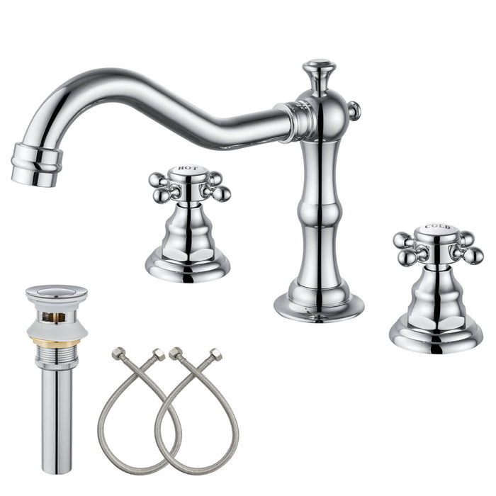 gotonovo Bathroom Sink Faucet Deck Mount Widespread Double Mixing Tap Cross Knobs 3 Hole with Pop Up Drain