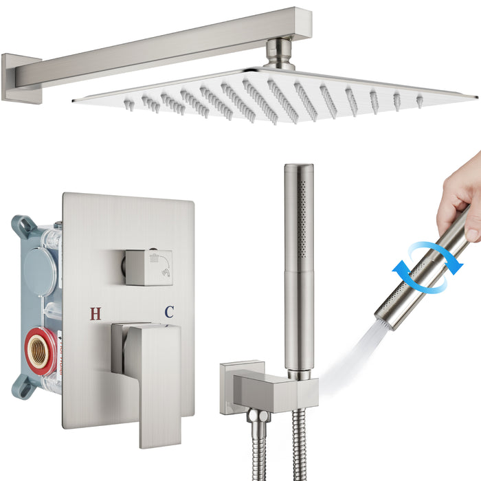 Gotonovo Rainfall Shower System Wall Mount Square Showerhead Shower Trim Kit 2 in 1 Cylindrical Handheld shower with Rough-in Valve