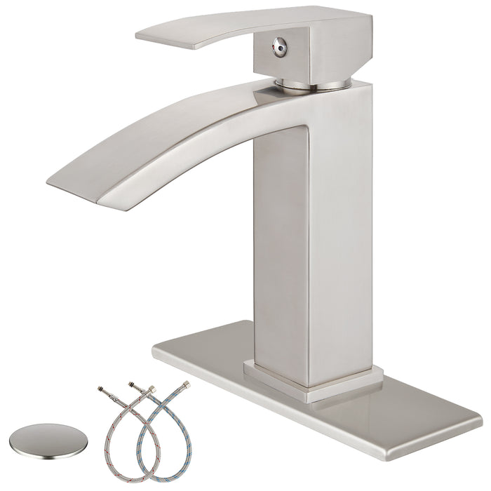 Waterfall Bathroom Faucet Single Hole 1 Handle Sink Faucet Lavatory Vessel Stainless Steel Sink Mixer Tap with Deck Plate and Rectangular Spout Pop Up Drain Stopper Included