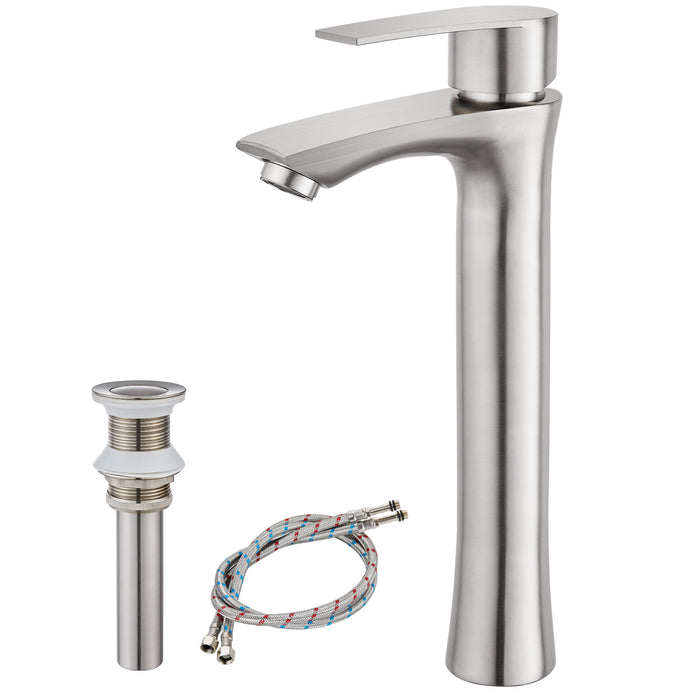 Bathroom Sink Faucet SUS304 Stainless Steel Single Handle 1 Hole Vessel Basin Tall Mixer Tap Square Spout Deck Mount Lavatory Vanity Faucet Include Pop Up Drain Without Overflow