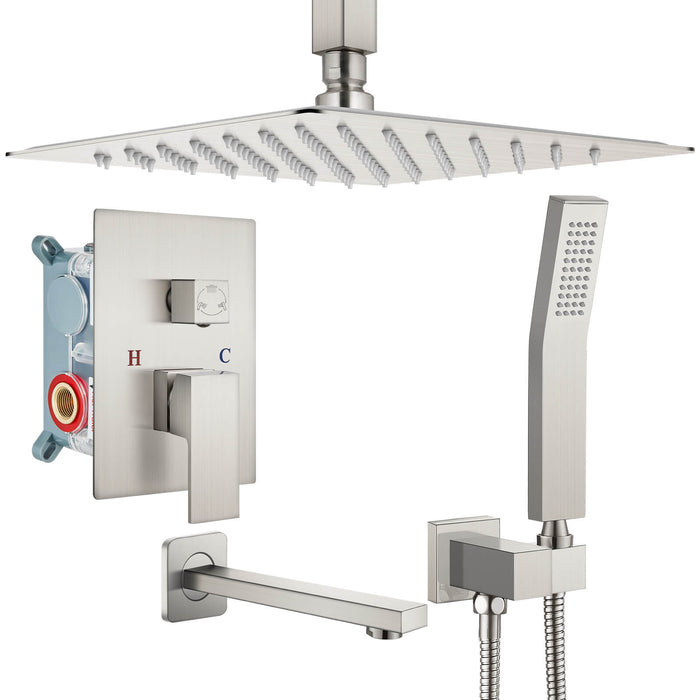 gotonovo douchesysteem met badkuipuitloop, 12 inch plafondmontage, 3-functiemengkraan, douchecombinatieset, regendouche, handdouche, badkamer, luxe inbouwventielbehuizing en afwerkingsset 