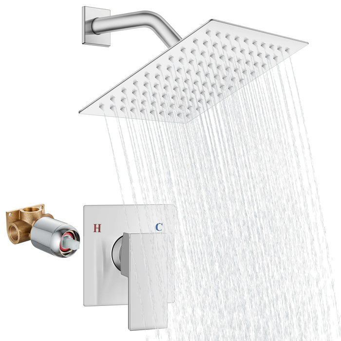 Shower Faucet Set Polish Chrome Bathroom Rain Shower System SUS304 Stainless Steel Square Showerhead Single Function 1 Handle with Rough-in Valve Shower Trim Kit