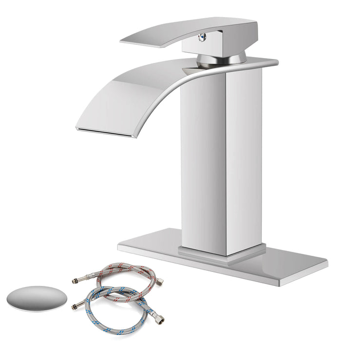 gotonovo Waterfall Bathroom Sink Faucet Deck Mount 304 Stainless Steel 1 Hole Single Handle Hot and Cold Mixer Tap(2 styles-without Pop Up Drain & with Pop Up Drain)