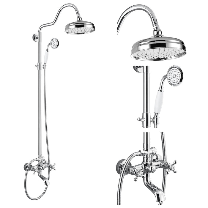 Gotonovo blootgesteld douchesysteem wandmontage drievoudige functie 8 inch regendouche met hand- en baduitloop dubbele kruishandgrepen 