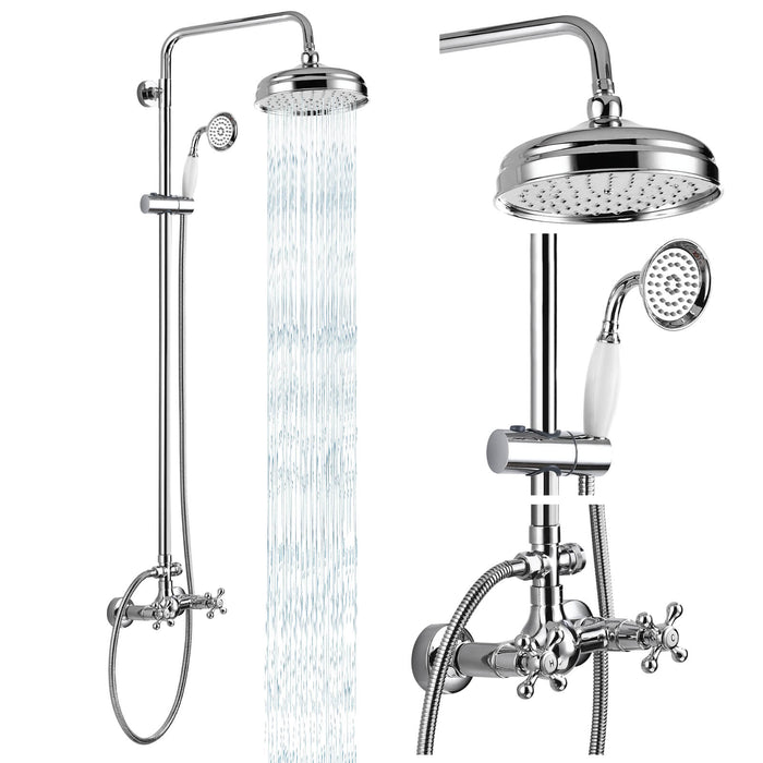 gotonovo Exposed Shower System Combo Set 8inch Rainfall Shower Head and Handheld Spray Double Knobs Cross Handle Dual Function Bathroom Shower Faucet Set