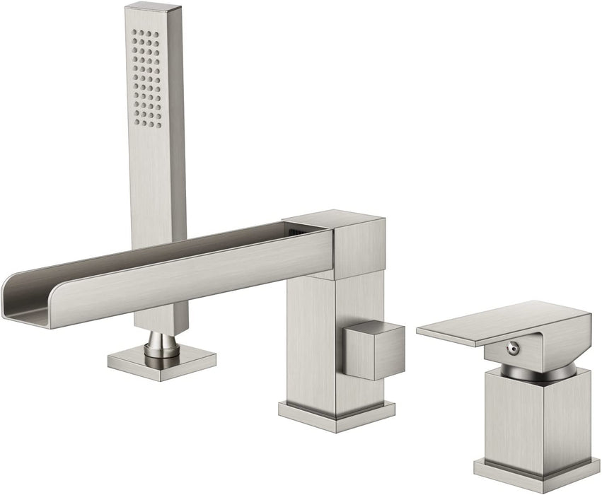 Gotonovo Waterval Romeinse badkuipkraan Tub Filler 3-gats dekmontage Enkele handgreep Wijdverspreide badkuipkraan met handdouche Badkamerkraan
