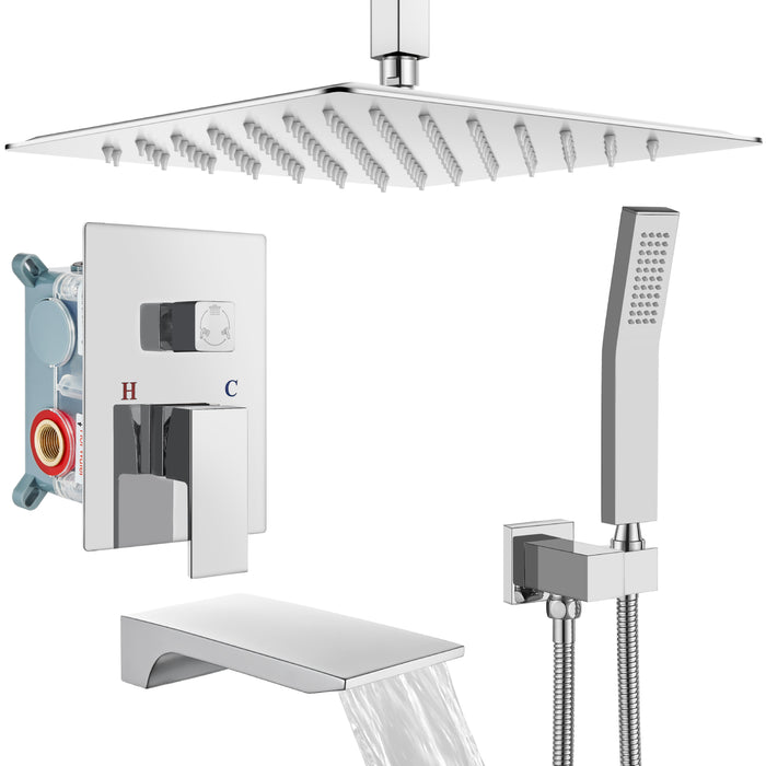 Gotonovo Rain Mixer Shower Faucet Set with Waterfall Tub Spout 12 inch Square Rainfall Shower Head with Handheld Spray Ceiling Mounted Pressure Balance Rough-in Valve and Trim Included