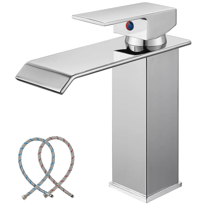 Waterfall Bathroom Faucet Brass One Handle 1 Hole Deck Mount with Large Rectangular Spout Sink Faucet Lavatory Vanities