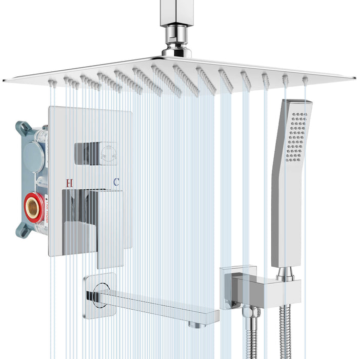 gotonovo douchesysteem met badkuipuitloop, 12 inch plafondmontage, 3-functiemengkraan, douchecombinatieset, regendouche, handdouche, badkamer, luxe inbouwventielbehuizing en afwerkingsset 