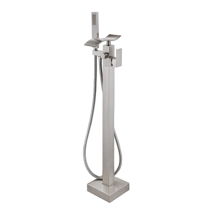 gotonovo Freestanding Bathtub Faucet Floor Mount Waterfall Tub Filler Brass Tap with Hand Shower and 360 Degree Swivel Spout Single Handle