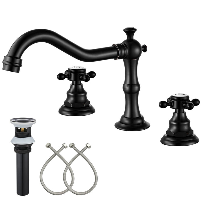 gotonovo Bathroom Sink Faucet Deck Mount Widespread Double Mixing Tap Cross Knobs 3 Hole with Pop Up Drain