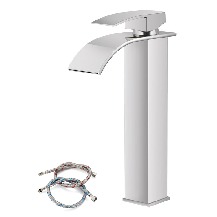gotonovo Bathroom Sink Faucet Tall Large Waterfall Spout Deck Mount Stainless Steel 304 Single Hole Single Handle Mixer Tap with Supply Line(2 styles-Without Pop Up Drain & With Pop Up Drain)