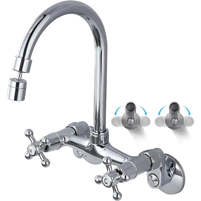 Gotonovo Aanrechtkraan Wandmontage 6 Inch+8inch Midden Verstelbare Gatafstand Keuken Wandkranen 360 Graden Draaibare Uitloop Dubbele Kruisgrepen 