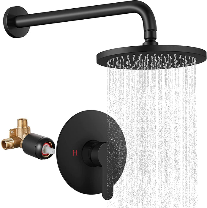 gotonovo Matte Black Shower Faucet Set Complete 8 inch Round Thicken Rain Shower Head Single Function Wall Mounted Shower Trim Kit Pressure Balance Shower System Rough-in Valve and Trim Included