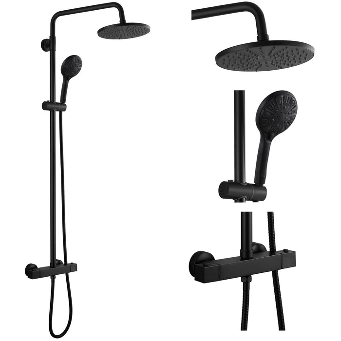 Gotonovo blootgesteld douchesysteem thermostatische 8'' ronde douchekop met in hoogte verstelbare schuifbalk ABS handsproeier wandmontage douchearmatuur 