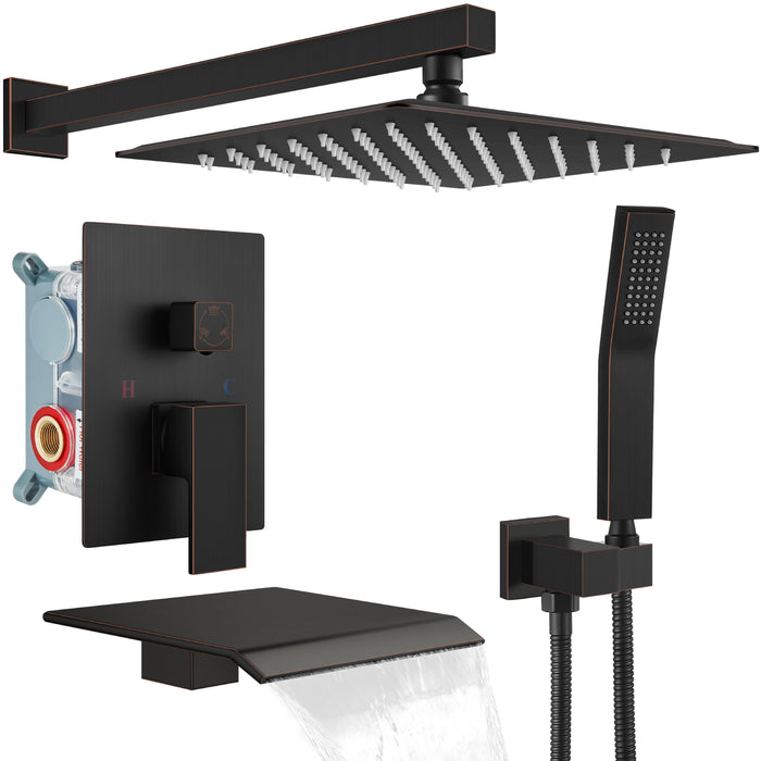 Gotonovo Rain Shower Combo Set with Waterfall Tub Spout, Square Rainfall Shower Head with Handheld Spray Pressure Balance Rough-in Valve and Trim Included