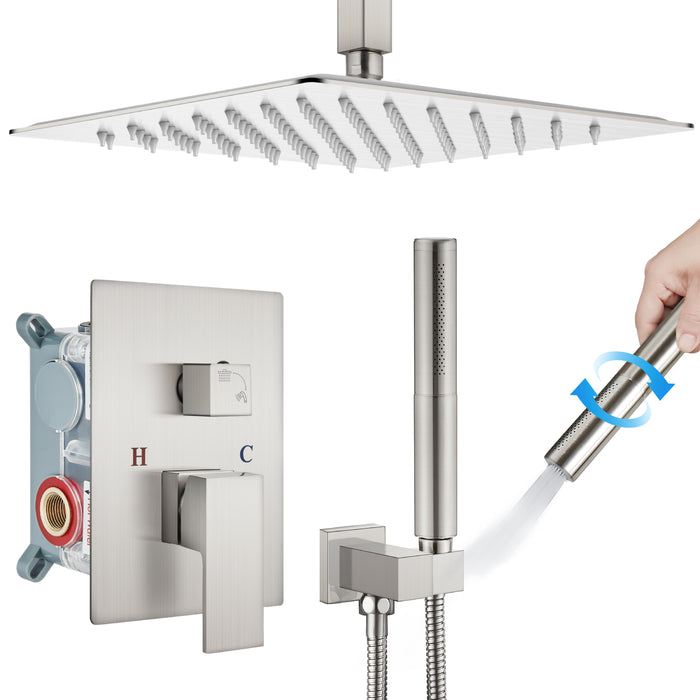 Gotonovo Rain Shower Combo Set Square Shower head SUS304 Stainless Steel Shower Trim Kit 2 in 1 Cylindrical Handheld shower with Rough-in Valve