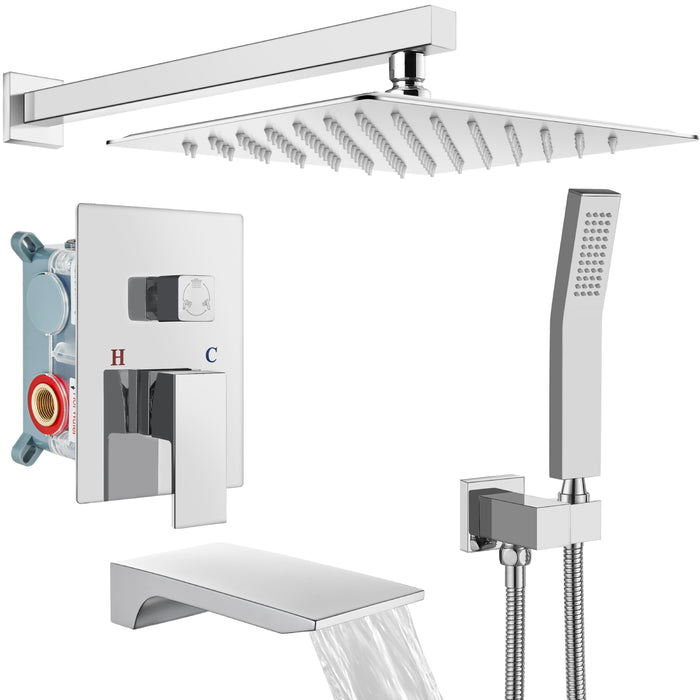 Gotonovo Rain Shower Combo Set with Waterfall Tub Spout Square Rainfall Shower Head with Handheld Spray Pressure Balance Rough-in Valve and Trim Included