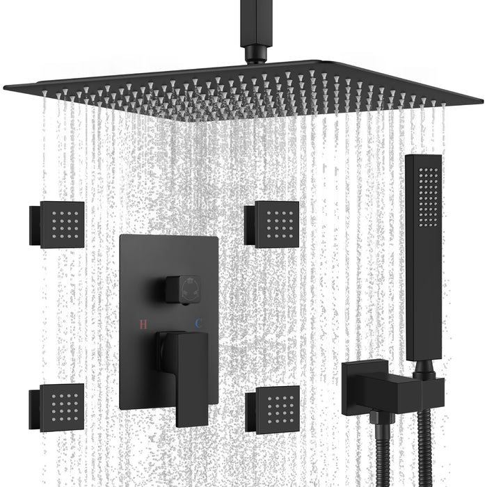 Gotonovo Rain Shower Combo Set Ceiling Mounted Square Rainfall Shower Head with Body Spray Jets and Brass Handshower Pressure Balance Rough-in Valve and Trim Included