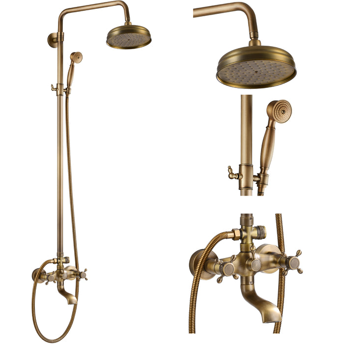 Antique Brass Exposed Wall Mount Shower System with 8 Rain Shower Head and Hand Shower