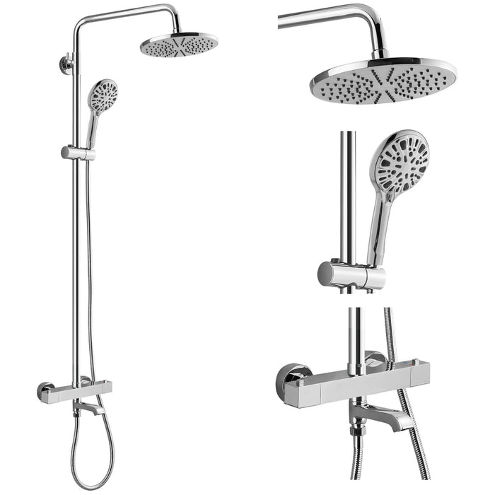 Gotonovo blootgesteld douchesysteem thermostatische 8'' ronde douchekop met in hoogte verstelbare schuifbalk ABS handsproeier wandmontage douchearmatuur 