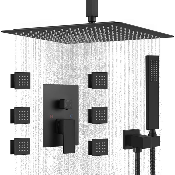Gotonovo Rain Shower Combo Set Ceiling Mounted Square Rainfall Shower Head with Body Spray Jets and Brass Handshower Pressure Balance Rough-in Valve and Trim Included