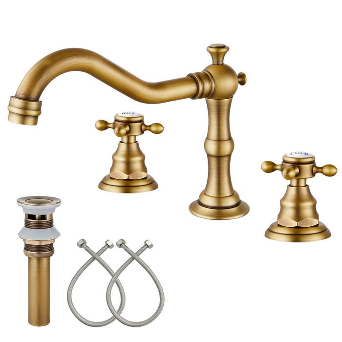 gotonovo Bathroom Sink Faucet Deck Mount Widespread Double Mixing Tap Cross Knobs 3 Hole with Pop Up Drain